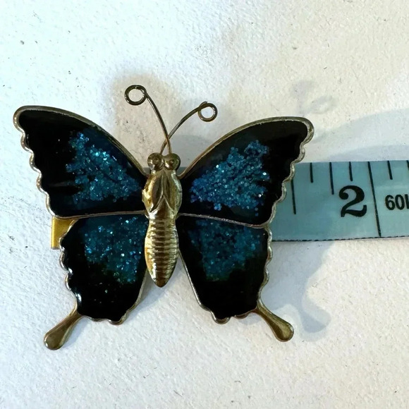 Vintage Northern Blue Butterfly Brooch Sparkle Pin Tin Gold Tone Metal Enamel - Picture 6 of 7